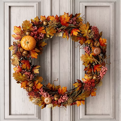 Autumn Decorative Wreath With Fall Leaves Pumpkins Berries And Acorns For Front Door 3d model