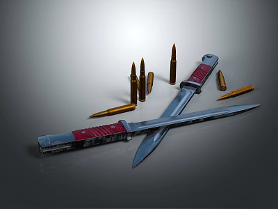 Displayed Crossed Folding Knives With Red Handles And Brass Bullets On Gray Surface 3d model