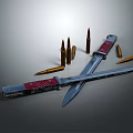 Displayed Crossed Folding Knives With Red Handles And Brass Bullets On Gray Surface