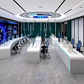 Modern Monitoring Room Interior Design With Control Desks Computer Monitors And Blue Chairs