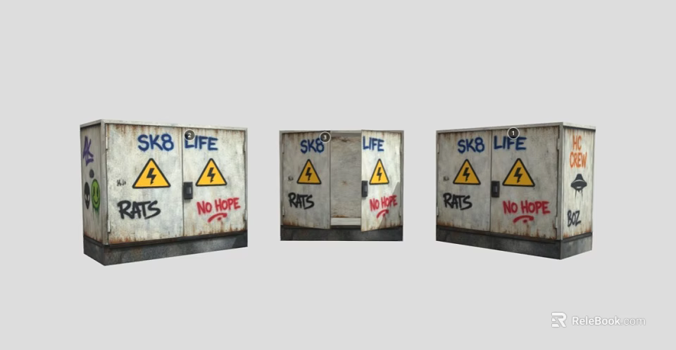 Public Utility Boxes With Graffiti Warning Signs And SK8 LIFE RATS NO HOPE 3d model 