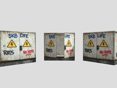 Public Utility Boxes With Graffiti Warning Signs And SK8 LIFE RATS NO HOPE 3d model