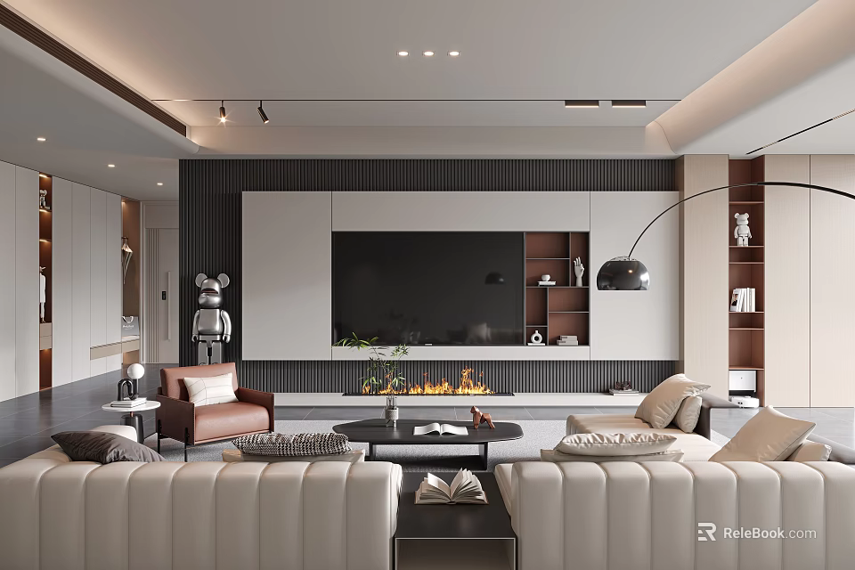Modern Living Room Interior With White Sofas TV Wall Fireplace And Floor Lamp 3d model 