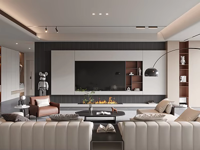 Modern Living Room Interior With White Sofas TV Wall Fireplace And Floor Lamp 3d model
