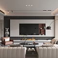 Modern Living Room Interior With White Sofas TV Wall Fireplace And Floor Lamp