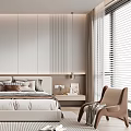 Modern Minimalist Bedroom Interior Design With Striped Accent Wall Cozy Pillows And Large Windows