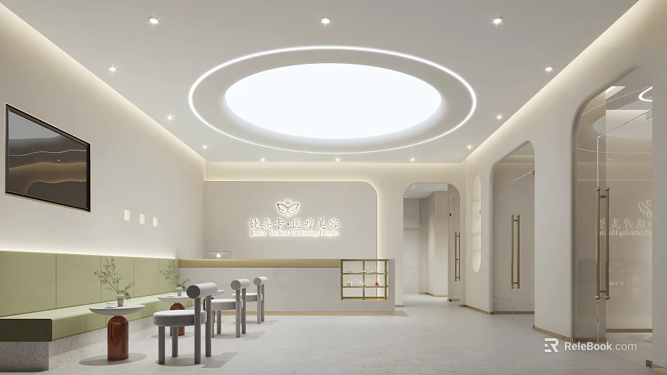 Modern SPA Sauna Interior With Round Ceiling Light Reception Area Lounge Seats And Green Plants 3d model 