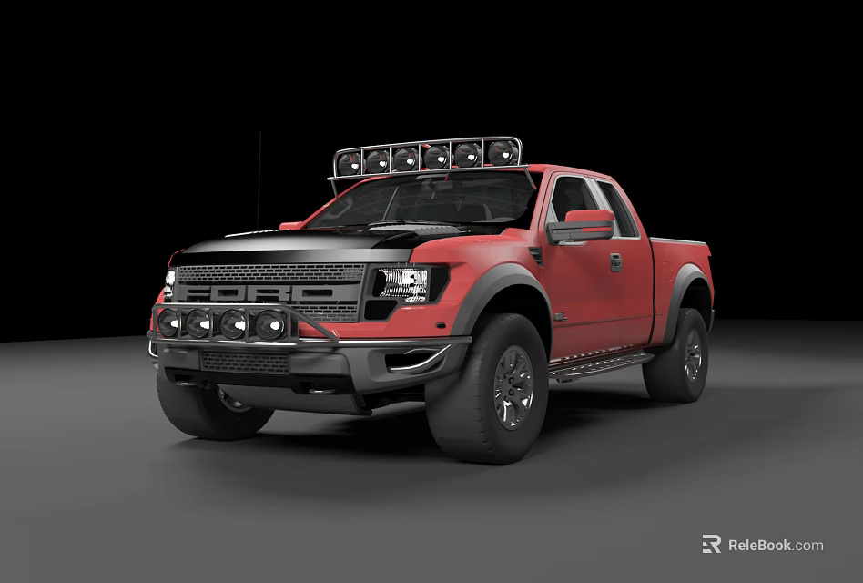 Red Pickup Truck With Roof LED Lights And Aggressive Front Grille Design 3d model 