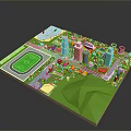 Vibrant City Landscape With Colorful Buildings Green Fields Football Pitch And Water Area