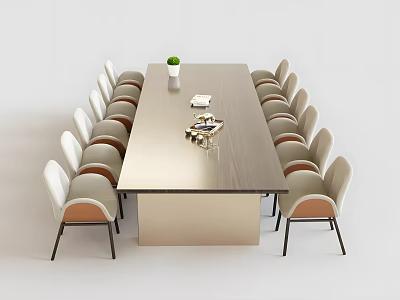 Modern Dining Table Set with Long Wooden Tabletop Metal Base and Upholstered Chairs 3d model