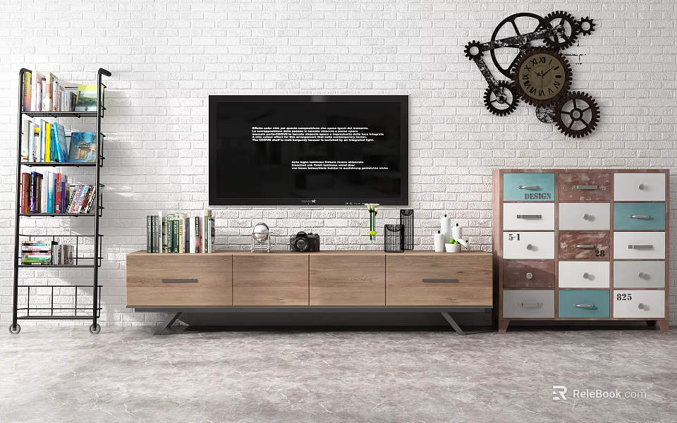 Stylish Wooden TV Stand with Books Camera Plant and Candles Near Brick Wall 3d model 