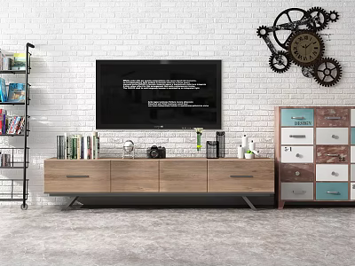 Stylish Wooden TV Stand with Books Camera Plant and Candles Near Brick Wall 3d model