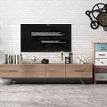 Stylish Wooden TV Stand with Books Camera Plant and Candles Near Brick Wall