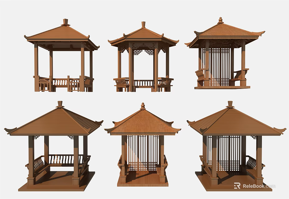 Traditional Chinese Wooden Pavilions With Various Architectural Roof And Rail Designs 3d model 