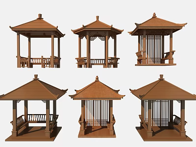 Traditional Chinese Wooden Pavilions With Various Architectural Roof And Rail Designs 3d model
