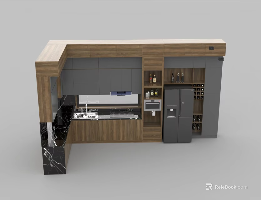 Modern Kitchen Interior Design With Wooden Cabinets Marble Island And Wine Rack 3d model 