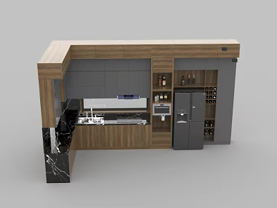 Modern Kitchen Interior Design With Wooden Cabinets Marble Island And Wine Rack 3d model