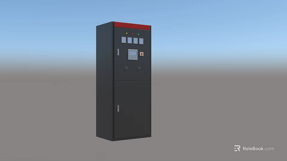 Industrial Equipment Vertical Black Control Cabinet With Red Top Control Panel Display Screen And Buttons 3d model 