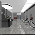 Modern Hair Salon With Starry Ceiling Purple Walls Orange Lighting Barber Chairs And Product Shelves