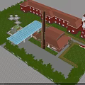 Industrial Factory Complex With Red Roof Glass Roof Structure Green Lawn Trees And Chimney
