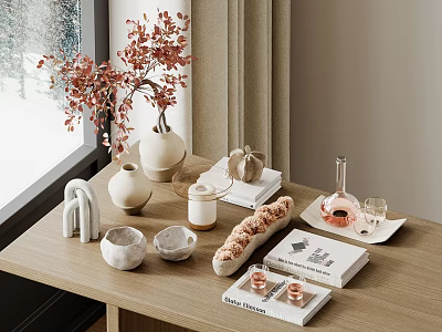 Elegant Decorative Ornament Set Including Vase Red Flowers Bowls Books Pink Glassware on Wooden Table 3d model