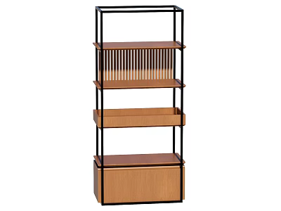 Modern Multi Layer Storage Shelf With Metal Frame Wooden Shelves Decorative Slats And Bottom Cabinet 3d model