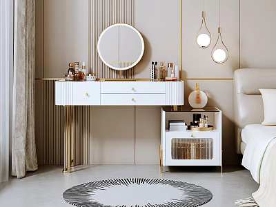 Elegant Modern Dressing Table Interior With Round Mirror Golden Legs And Zebra Rug 3d model