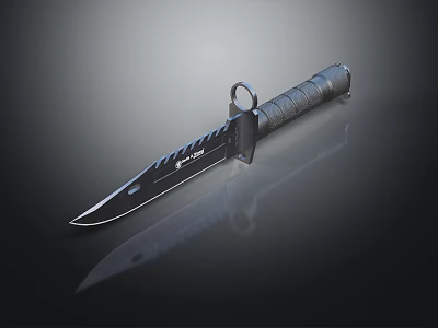 Modern Tactical Combat Knife With Serrated Edge Black Handle And Metal Ring 3d model
