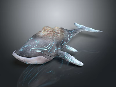 Fantasy Style Whale 3D Model with Blue Patterns and Rock Like Back Structure 3d model