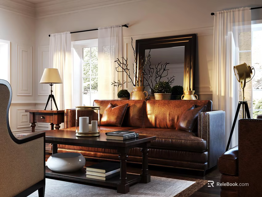 Classic Leather Sofa Coffee Table Set In Warm Living Room With Natural Light And Decor 3d model 