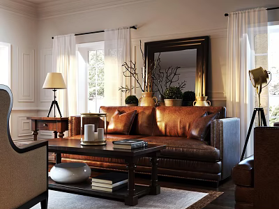 Classic Leather Sofa Coffee Table Set In Warm Living Room With Natural Light And Decor 3d model