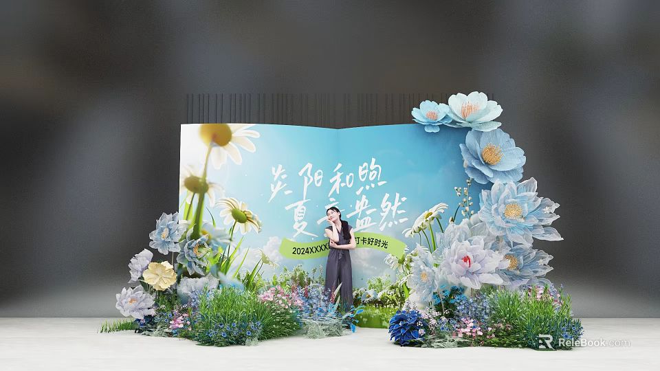 Summer Themed Photo Check In Spot With Blue Backdrop And Floral Decorations 3d model 