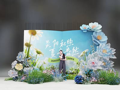 Summer Themed Photo Check In Spot With Blue Backdrop And Floral Decorations 3d model