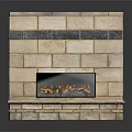 Classic Brick Fireplace Design With Beige Brick Tiles Dark Accent Stripe And Flaming Hearth