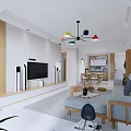 Modern Living And Dining Room Interior Design With Wooden Dining Table Chairs And Pendant Lights
