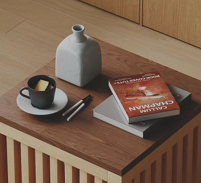 Stylish Decorative Ornament Set with White Vase Coffee Cup and Books on Wooden Tabletop 3d model