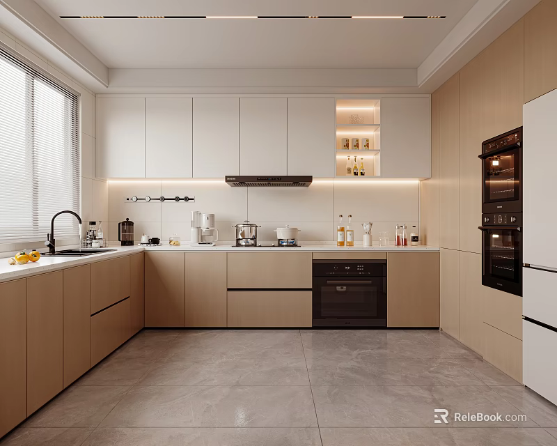 Modern Kitchen With White And Light Wood Cabinets Black Appliances And Under Cabinet Lighting 3d model 