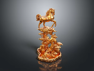 Golden Horse Sculpture With Intricate Carved Base For Decorative 3d model