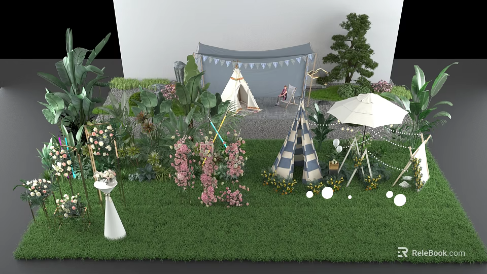 Outdoor Window Display With Teepee Tents Green Plants Pink Flowers And Decorative Lights 3d model 