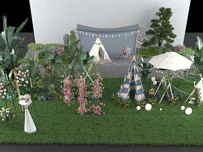 Outdoor Window Display With Teepee Tents Green Plants Pink Flowers And Decorative Lights 3d model