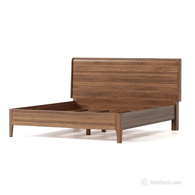 Modern Wooden Double Bed With Simple Headboard And Solid Wood Frame 3d model 