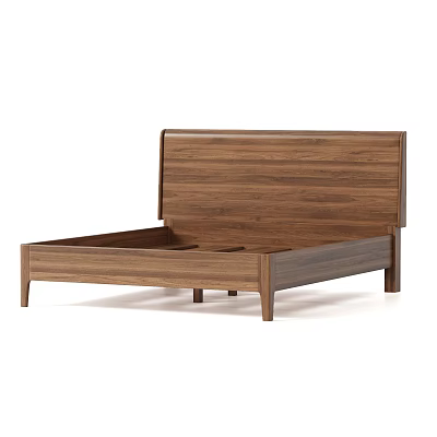 Modern Wooden Double Bed With Simple Headboard And Solid Wood Frame 3d model