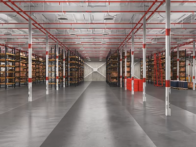 Industrial Warehouse With Shelving Racks Stored Goods Red White Columns And Smooth Gray Floor 3d model
