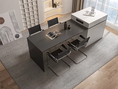 Modern Black Table And Chair Set On Gray Carpet Near Window In Living Room 3d model
