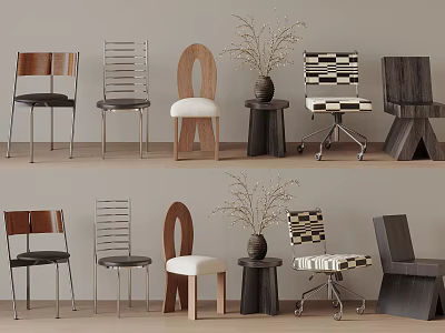 Various Design Modern Dining Chairs Wooden Metal Frames With Decorative Vase And Side Table 3d model