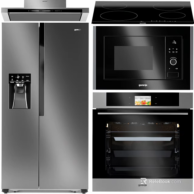 Modern Kitchen Appliances Featuring Silver Refrigerator With Water Dispenser Black Microwave And Oven 3d model 