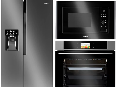 Modern Kitchen Appliances Featuring Silver Refrigerator With Water Dispenser Black Microwave And Oven 3d model