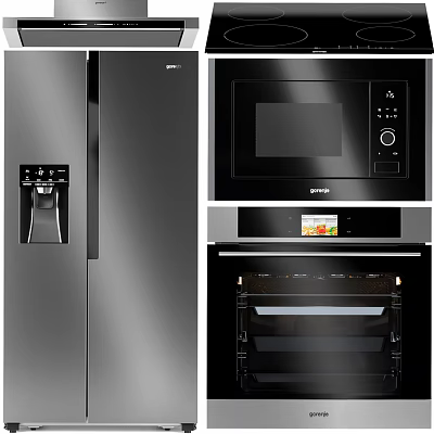Modern Kitchen Appliances Featuring Silver Refrigerator With Water Dispenser Black Microwave And Oven 3d model
