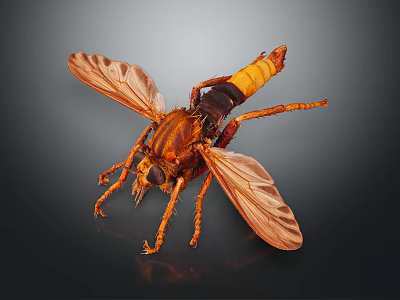 Brown Fly with Yellow and Black Abdomen Transparent Wings and Orange Legs on Dark Background 3d model