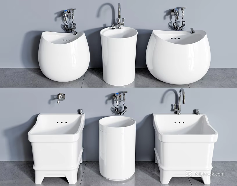White Ceramic Washbasins in Various Shapes with Faucets and Pedestal Bases 3d model 